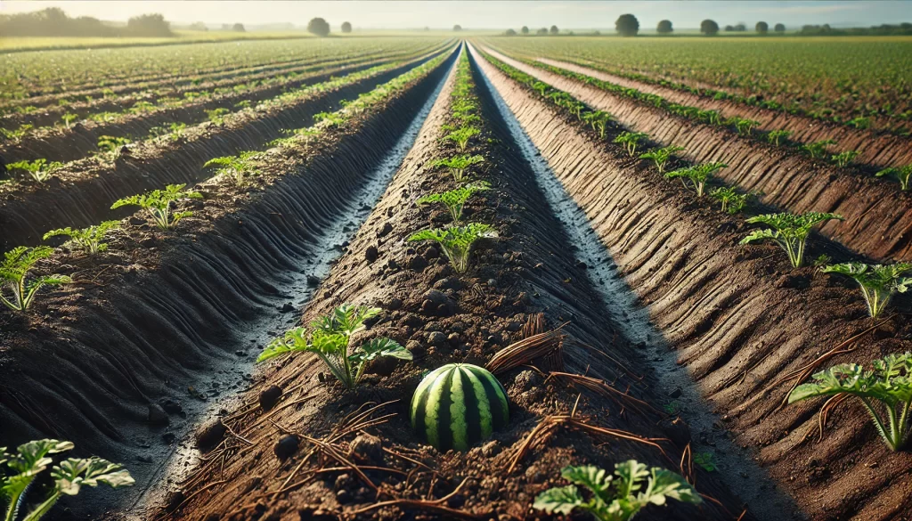 DALL·E 2024 08 22 17.17.42 A hyper realistic image of a field with soil that has been freshly tilled and prepared for planting watermelon. The soil is dark, rich, and finely tex