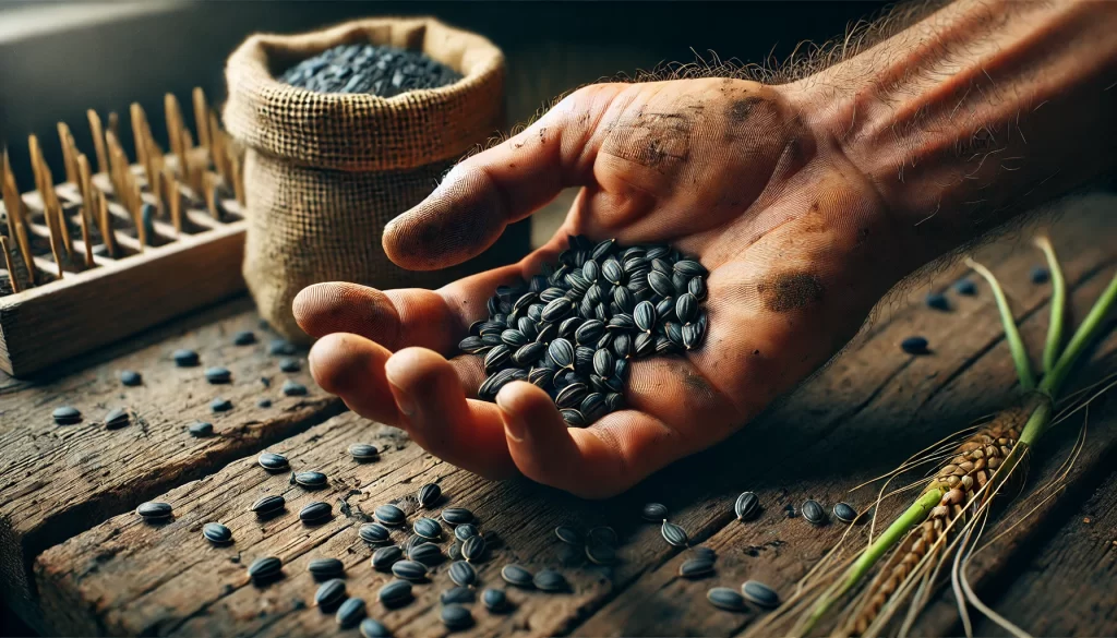 DALL·E 2024 08 22 17.18.27 A hyper realistic image of a farmer's hand separating watermelon seeds for planting. The hand is slightly rough, showing signs of hard work, and is ho