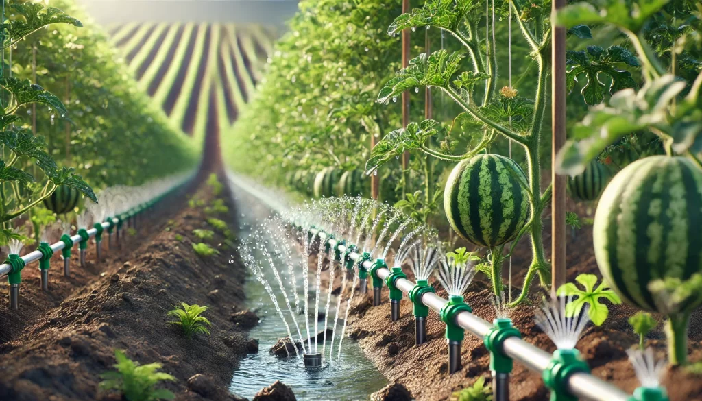 DALL·E 2024 08 22 17.19.19 A hyper realistic image of a drip irrigation system in a watermelon field. The image focuses on the drip lines running along the rows of watermelon pl