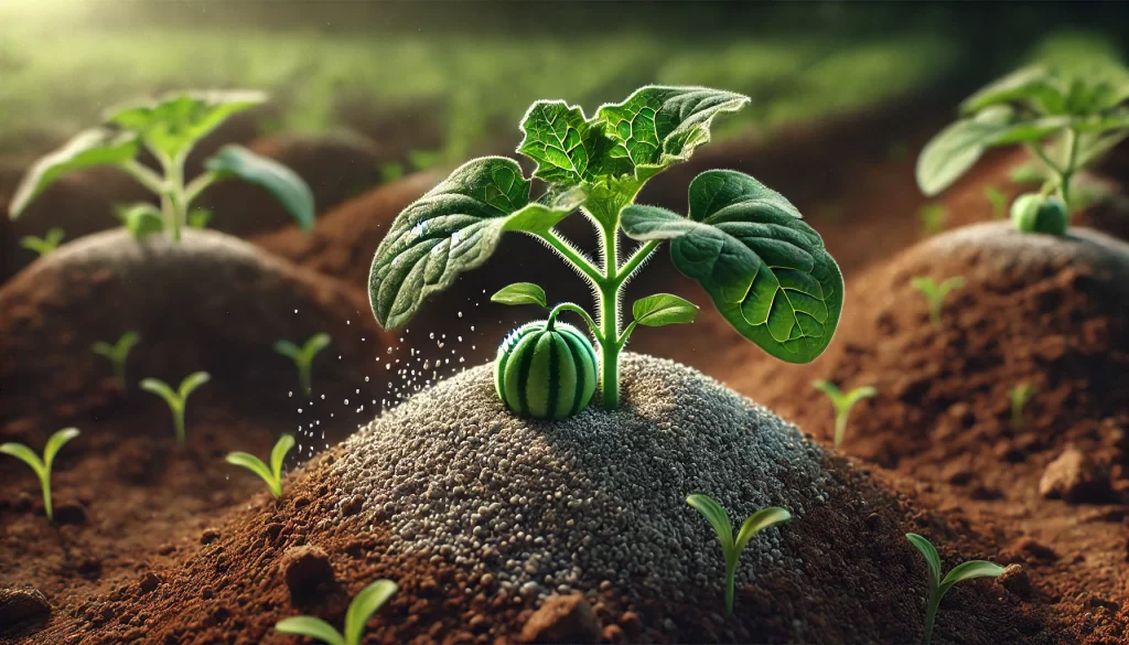 DALL·E 2024 08 22 17.20.05 A hyper realistic image of a young watermelon plant being fertilized. The image focuses on the small green plant with a visible mound of granular fert