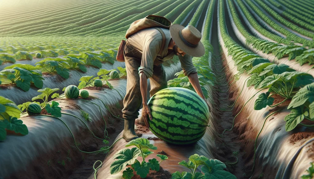 DALL·E 2024 08 22 17.21.27 A hyper realistic image of a farmer harvesting a watermelon in a field. The farmer is bent down, holding a large, ripe watermelon with both hands, car