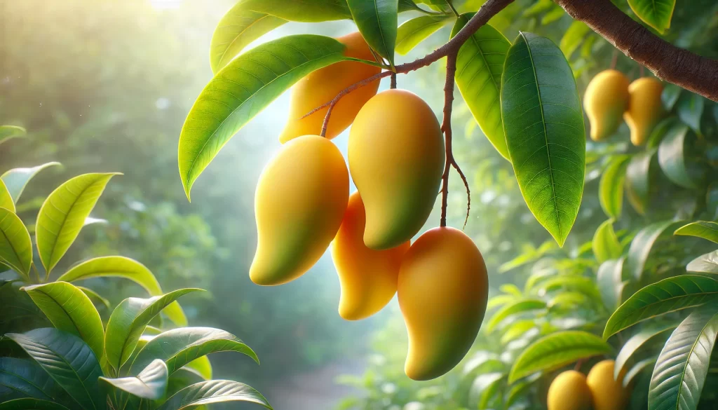 DALL·E 2024 08 23 10.19.38 A realistic close up image of ripe Ataulfo mangos hanging on a tree. The mangos are bright yellow, with smooth skin, and are clustered together on a b