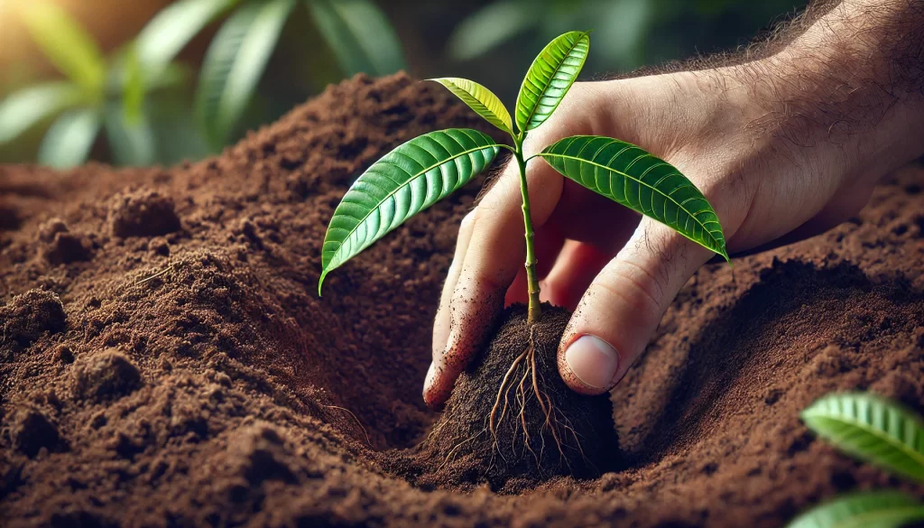 DALL·E 2024 08 23 10.21.46 A realistic image showing a close up of a hand transplanting a young Ataulfo mango seedling into prepared soil. The hand is gently placing the seedlin