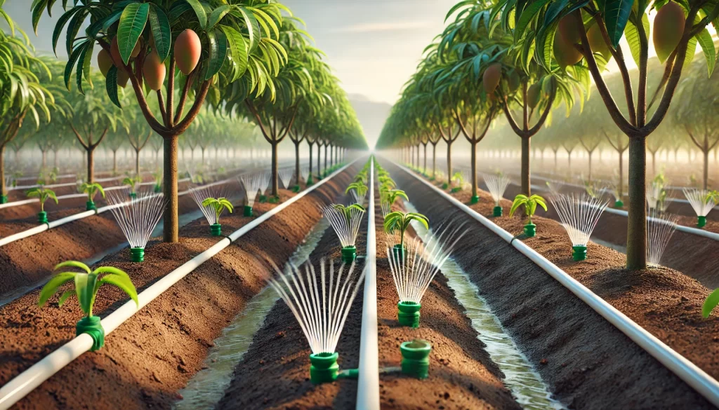 DALL·E 2024 08 23 10.22.50 A realistic image of a drip irrigation system in an Ataulfo mango plantation. The focus is on the drip lines running along the rows of young mango tre