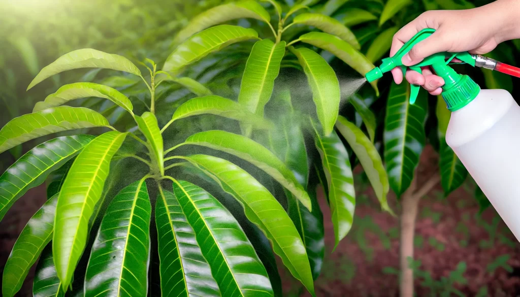 DALL·E 2024 08 23 10.24.28 A realistic image of foliar fertilization being applied to an Ataulfo mango tree. The focus is on the leaves of the mango tree, which are being spraye