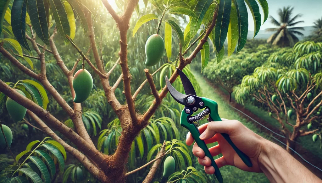 DALL·E 2024 08 23 10.28.35 A realistic image of pruning being done on an Ataulfo mango tree. The focus is on a hand holding pruning shears, carefully trimming a branch of the ma