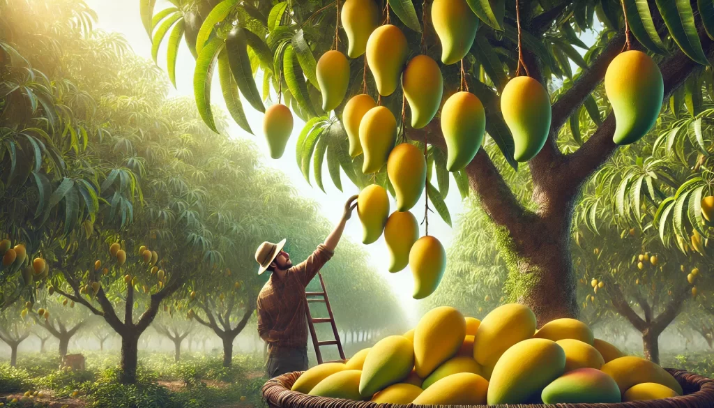 DALL·E 2024 08 23 10.30.06 A realistic image depicting the harvest of Ataulfo mangoes from a tree. The scene shows a person carefully picking ripe mangoes directly from the tree