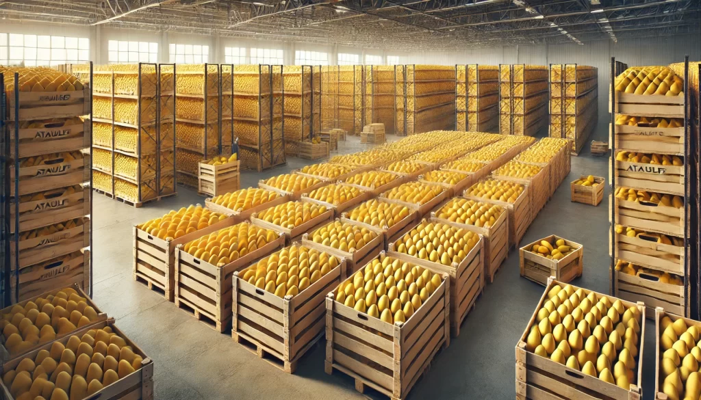 DALL·E 2024 08 23 10.31.14 A realistic image depicting the storage of Ataulfo mangoes prepared for sale. The scene shows stacks of crates or boxes filled with ripe, bright yello