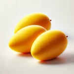 DALL·E 2024 08 23 10.32.13 A realistic image of three ripe Ataulfo mangoes placed on a white background. The mangoes are bright yellow, with smooth, slightly curved shapes, and