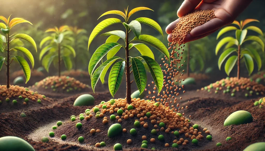 DALL·E 2024 08 23 10.35.08 A realistic image showing fertilizer being applied to a young Ataulfo mango plant. The scene focuses on the base of the plant, where granules of ferti