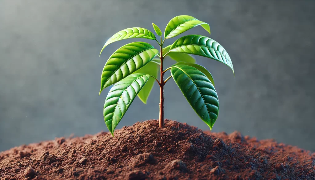 DALL·E 2024 08 23 10.36.14 A realistic image of a young Ataulfo mango seedling, also known as a young mango plant. The seedling has bright green leaves, a slender stem, and is p