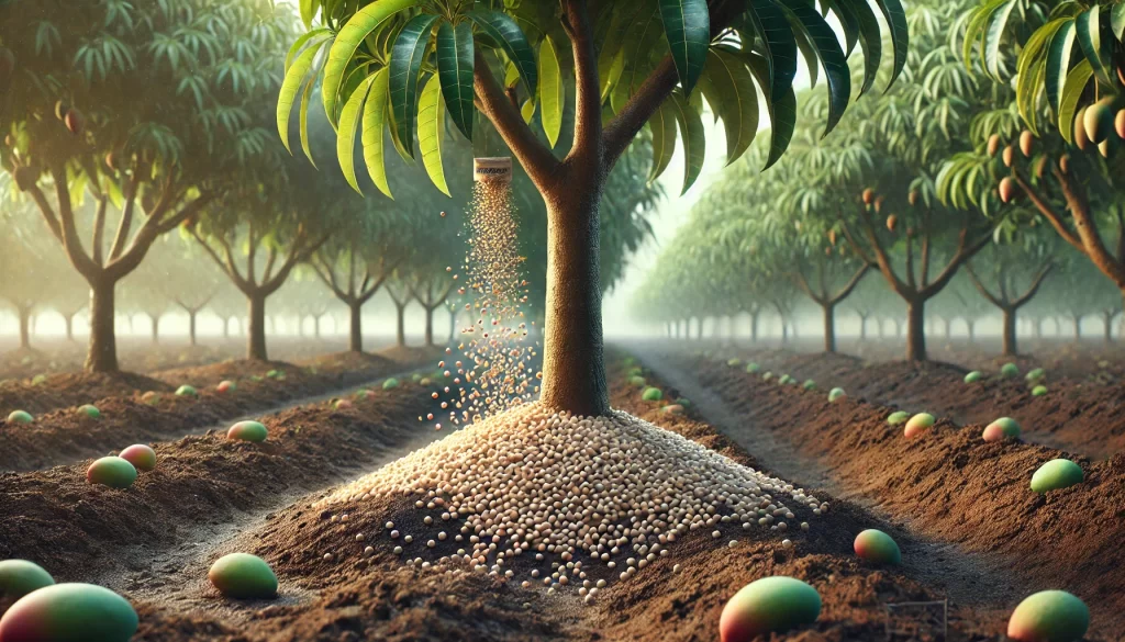 DALL·E 2024 08 23 10.37.17 A realistic image showing the application of NPK fertilizer in an Ataulfo mango plantation. The scene focuses on the base of a mango tree, where granu