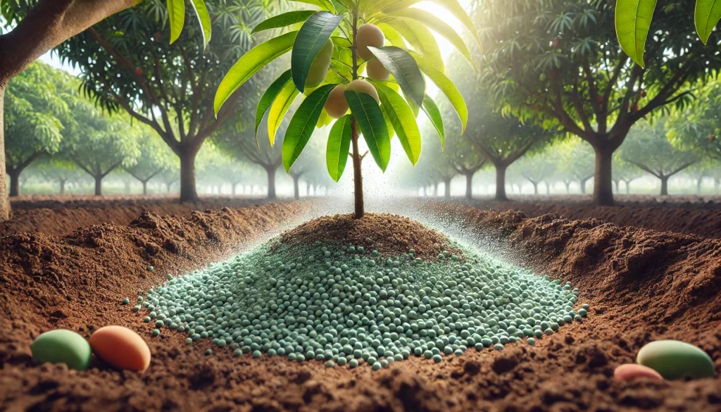 DALL·E 2024 08 23 10.38.18 A realistic image depicting top dressing fertilization in an Ataulfo mango orchard. The focus is on the base of a mango tree, where fertilizer granule