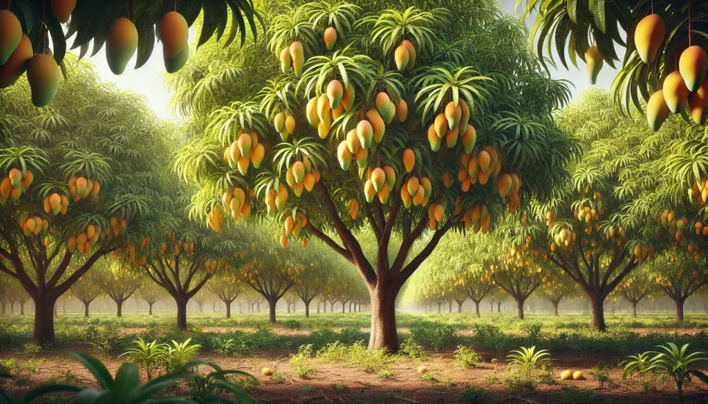 DALL·E 2024 08 23 10.39.40 A realistic image of mature mango trees in full production, specifically Ataulfo mango trees. The trees are lush and healthy, with abundant green leav