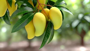 DALL·E 2024 08 23 10.40.44 A realistic close up image of ripe Ataulfo mangoes hanging on a tree. The focus is on the mangoes, which are bright yellow and smooth skinned, cluster