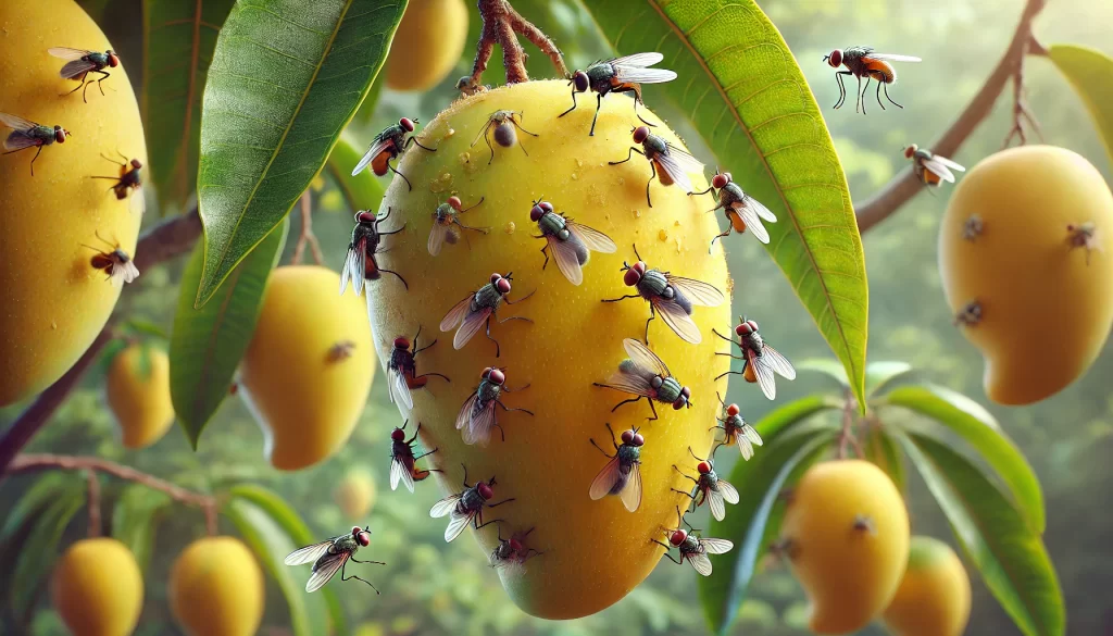 DALL·E 2024 08 23 11.18.44 A realistic close up image showing fruit flies (Anastrepha spp.) on Ataulfo mangoes still hanging on the tree. The mangoes are bright yellow, indicati