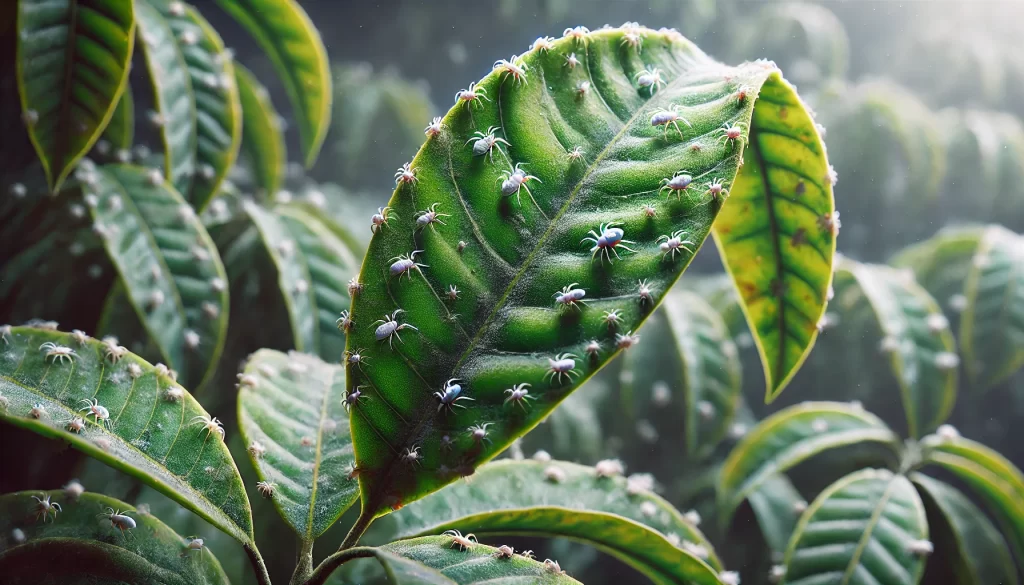 DALL·E 2024 08 23 11.20.53 A realistic close up image showing White Mites (Polyphagotarsonemus latus) on Ataulfo mango leaves. The scene focuses on the small white mites crawlin