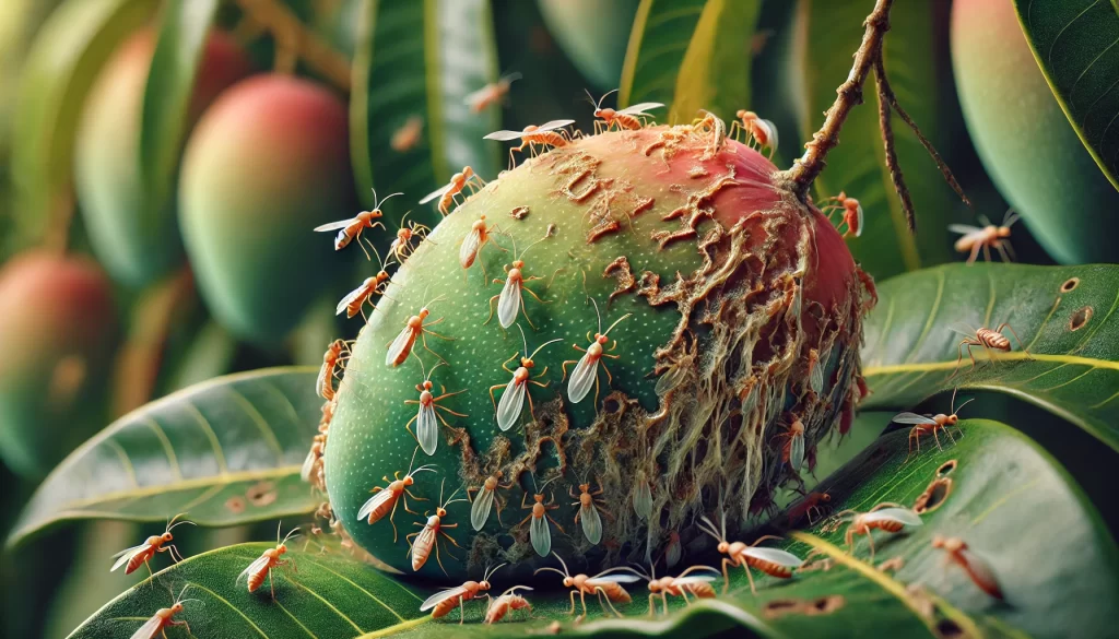 DALL·E 2024 08 23 11.21.50 A realistic close up image showing Thrips (Thrips spp.) on Ataulfo mango fruit and leaves. The image focuses on the tiny, slender insects feeding on t