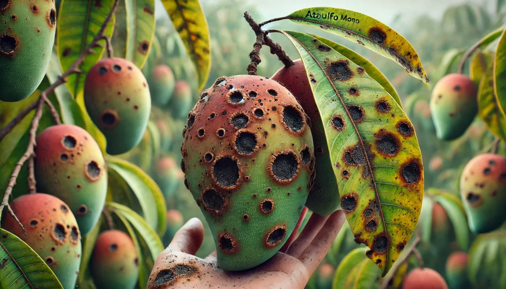 DALL·E 2024 08 23 11.24.19 A realistic close up image showing Anthracnose (Colletotrichum gloeosporioides) infection on Ataulfo mango fruits and leaves. The image highlights the