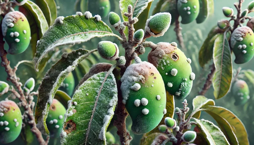 DALL·E 2024 08 23 11.25.12 A realistic close up image showing Powdery Mildew (Erysiphe mangiferae) infection on Ataulfo mango leaves and fruits. The image focuses on the typical