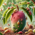 DALL·E 2024 08 23 11.27.34 A realistic image showing a variety of pests affecting an Ataulfo mango tree. The scene includes close ups of different pests, such as fruit flies (An