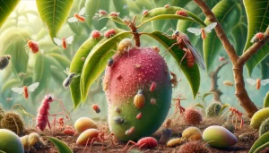 DALL·E 2024 08 23 11.27.34 A realistic image showing a variety of pests affecting an Ataulfo mango tree. The scene includes close ups of different pests, such as fruit flies (An