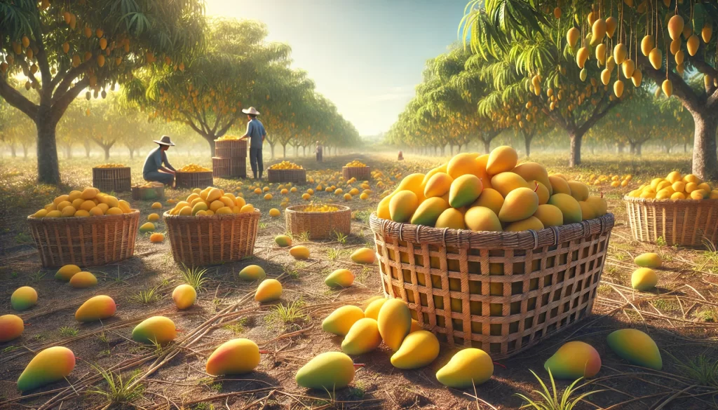 DALL·E 2024 08 23 12.17.03 A realistic image showing Ataulfo mangoes freshly harvested and collected in a field. The scene includes baskets or crates filled with bright yellow,