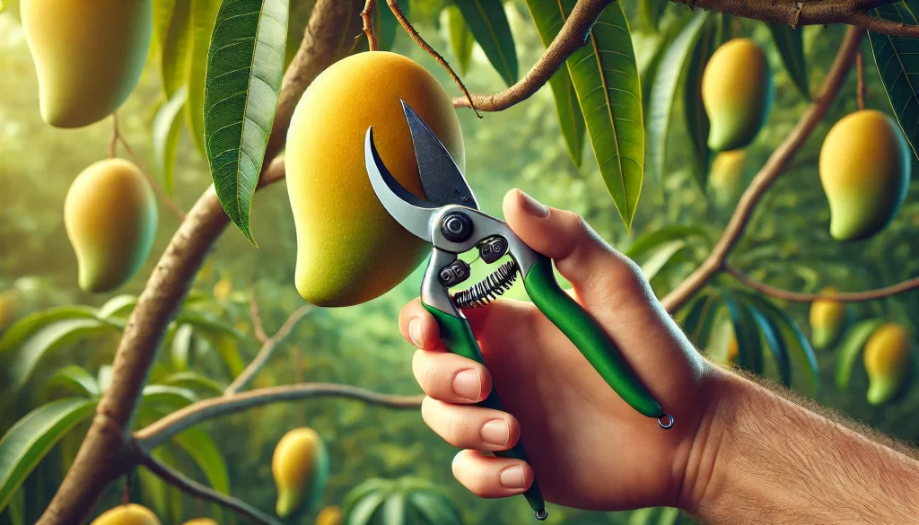 DALL·E 2024 08 23 12.18.49 A realistic image showing a farmer's hand carefully cutting a ripe Ataulfo mango from a tree. The hand holds pruning shears, gently snipping the stem