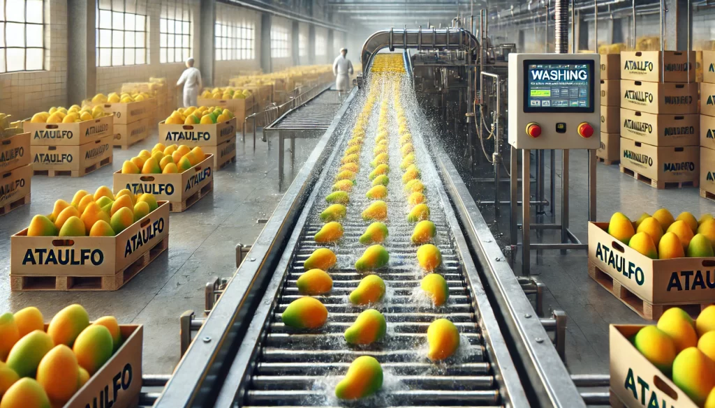 DALL·E 2024 08 23 12.20.06 A realistic image showing the washing and disinfection process of Ataulfo mangoes on a packing line. The scene includes a conveyor belt where the mang