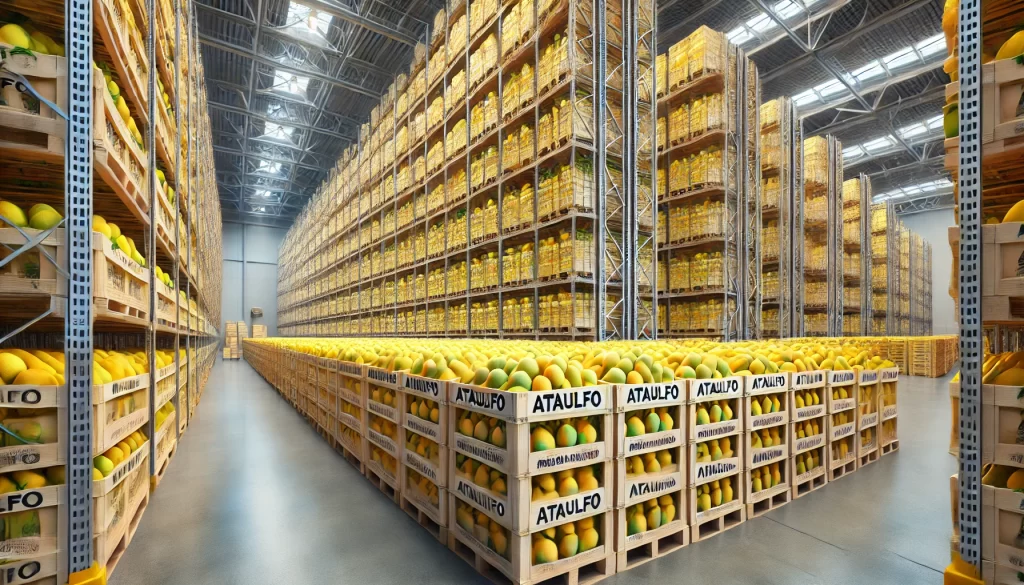 DALL·E 2024 08 23 12.21.20 A realistic image of a storage warehouse filled with crates or pallets of Ataulfo mangoes. The crates are stacked neatly, each filled with bright yell