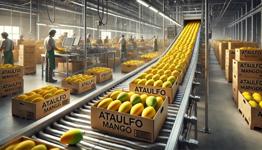 DALL·E 2024 08 23 12.22.37 A realistic image showing boxes of Ataulfo mangoes on a packing line in a processing facility. The boxes are filled with bright yellow, ripe mangoes a