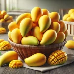 DALL·E 2024 08 23 12.25.45 A realistic image showing freshly harvested, ripe Ataulfo mangoes. The mangoes are whole, bright yellow, and uncut, arranged neatly in a basket or on