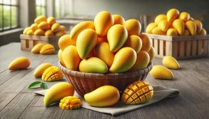 DALL·E 2024 08 23 12.25.45 A realistic image showing freshly harvested, ripe Ataulfo mangoes. The mangoes are whole, bright yellow, and uncut, arranged neatly in a basket or on