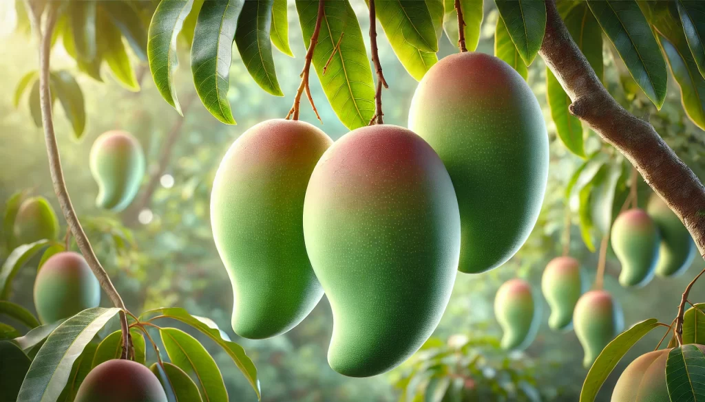 DALL·E 2024 08 23 12.44.01 A realistic close up image of Kent mangoes hanging on a tree. The mangoes are large, oval shaped, and have a green skin with a slight reddish blush in