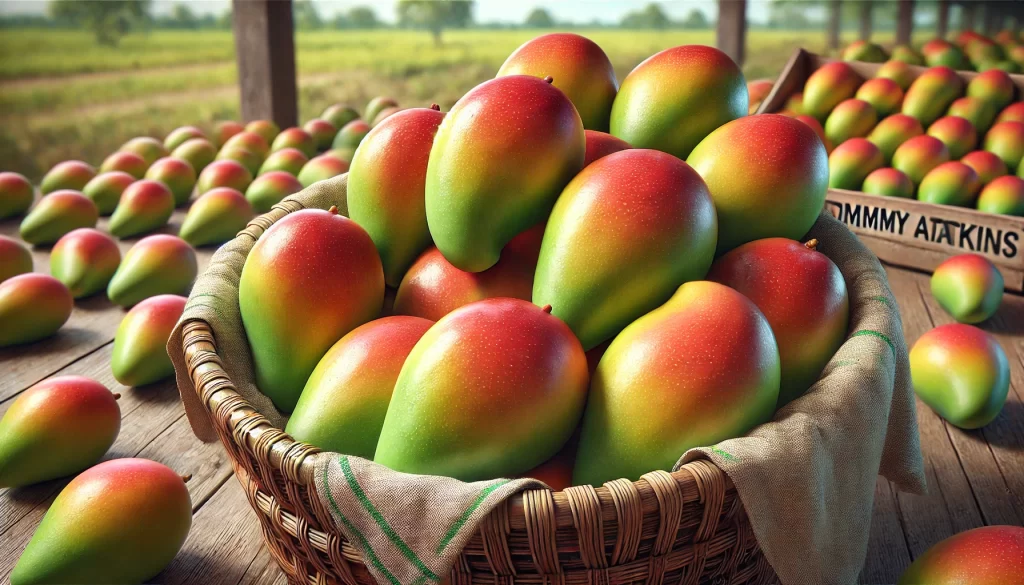 DALL·E 2024 08 23 12.45.02 A realistic image of freshly harvested Tommy Atkins mangoes. The mangoes are large, oval shaped, and have a skin that is a mix of red, green, and yell