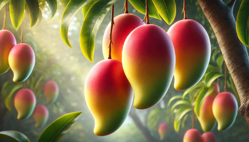 DALL·E 2024 08 23 12.46.09 A realistic close up image of Haden mangoes hanging on a tree. The mangoes are large, round to oval shaped, with a bright red and yellow skin, indicat