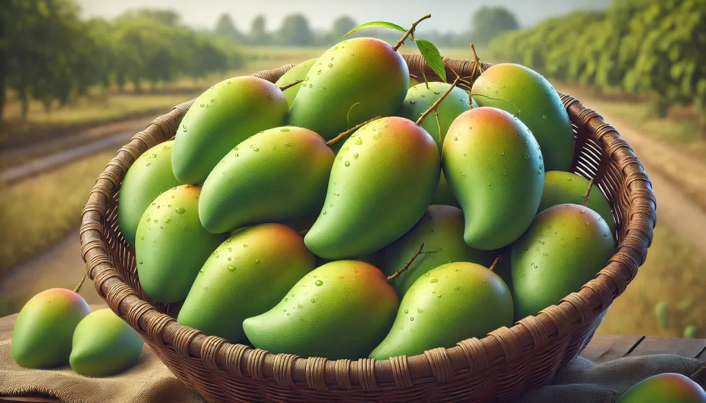 DALL·E 2024 08 23 12.47.11 A realistic image of freshly harvested Keitt mangoes. The mangoes are large, oval shaped, with green skin that may have a slight yellow or blush tint,