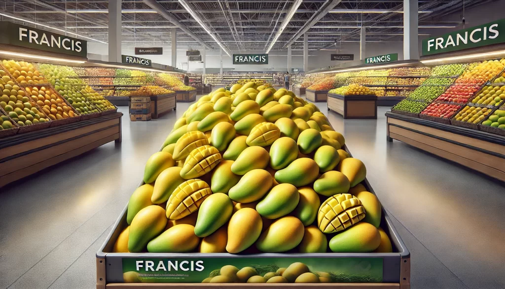 DALL·E 2024 08 23 12.48.17 A realistic image of Francis mangoes displayed in a supermarket. The mangoes are medium sized, with a golden yellow skin that might have a slight gree