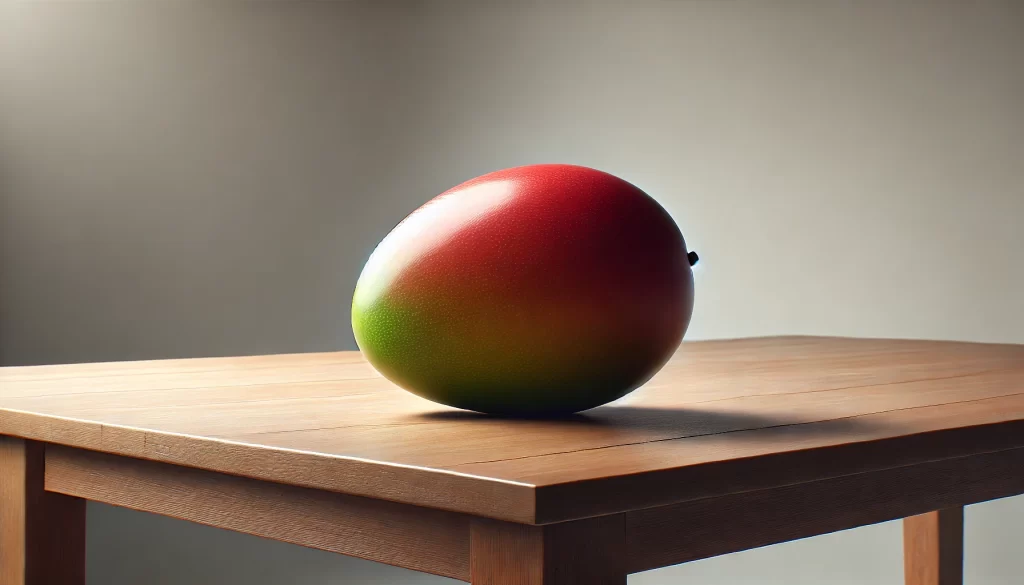 DALL·E 2024 08 23 12.49.16 A realistic image of a Palmer mango placed on a table. The mango is large, oval shaped, with a deep red and green skin indicating ripeness. The table