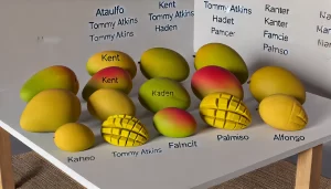 DALL·E 2024 08 23 13.02.27 A realistic image showing a variety of mango types placed together on a table. The image includes different varieties such as Ataulfo, Kent, Tommy Atk