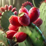 DALL·E 2024 08 23 13.07.12 A realistic image showing red prickly pear fruits (tunas rojas) on a nopal cactus. The tunas are bright red, oval shaped, and covered in small spines,