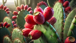 DALL·E 2024 08 23 13.07.12 A realistic image showing red prickly pear fruits (tunas rojas) on a nopal cactus. The tunas are bright red, oval shaped, and covered in small spines,