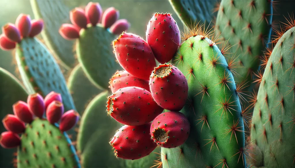 DALL·E 2024 08 23 13.08.24 A realistic image showing red prickly pear fruits (tunas rojas) on a nopal cactus. The tunas are bright red, oval shaped, and covered in small spines,