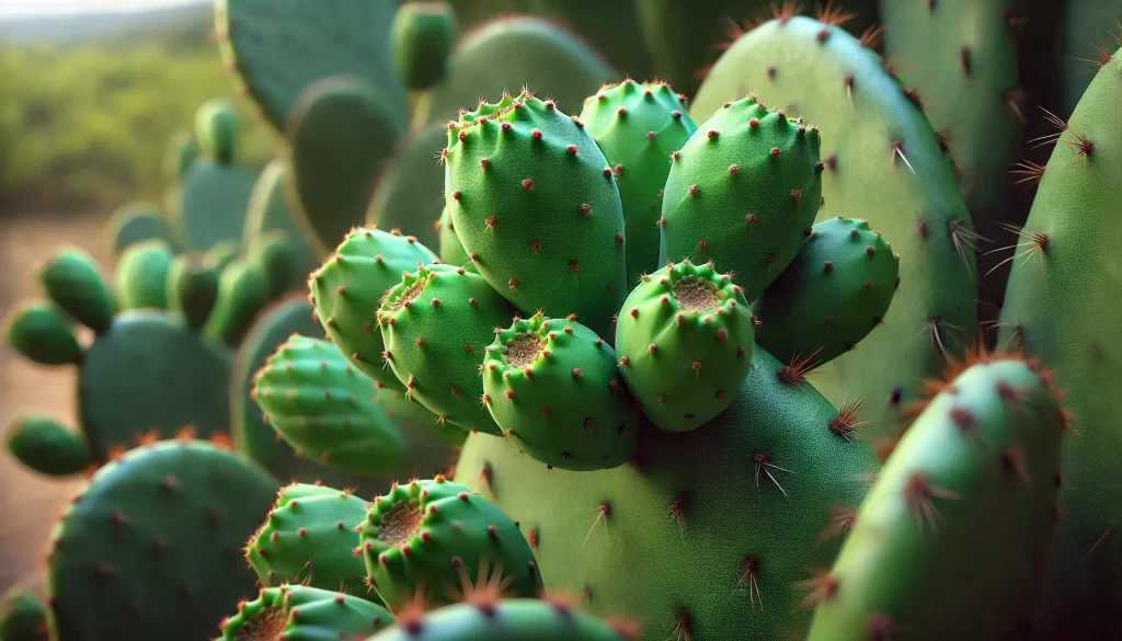 DALL·E 2024 08 23 13.09.34 A realistic image showing green prickly pear fruits (tunas verdes) on a nopal cactus. The tunas are oval shaped, with a light green color and small sp