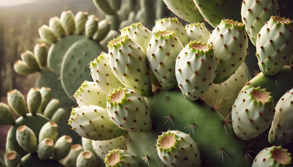 DALL·E 2024 08 23 13.10.47 A realistic image showing white prickly pear fruits (Tuna Blanca, Opuntia albicarpa) on a nopal cactus. The tunas are light green to pale yellow, oval