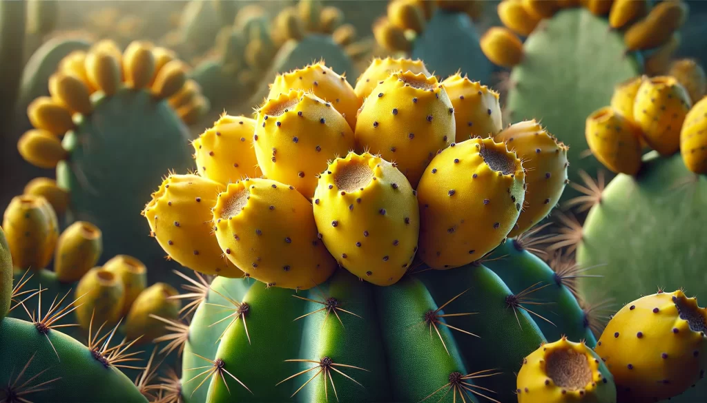 DALL·E 2024 08 23 13.11.56 A realistic image showing yellow prickly pear fruits (Tuna Amarilla, Opuntia megacantha) on a nopal cactus. The tunas are bright yellow, oval shaped,