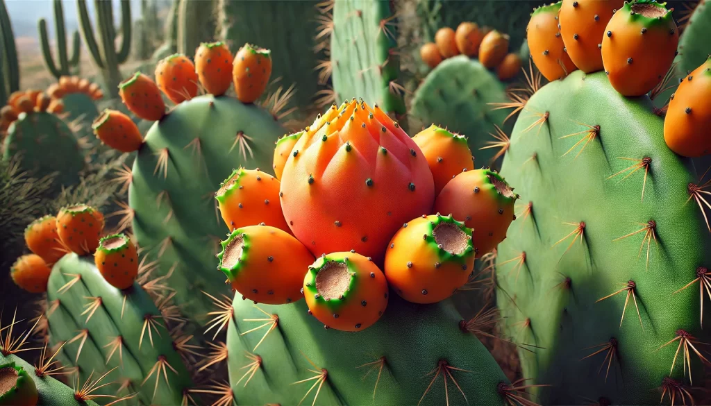 DALL·E 2024 08 23 13.13.15 A realistic image showing orange prickly pear fruits (Tuna Naranja, Opuntia robusta) on a nopal cactus. The tunas are bright orange, oval shaped, and