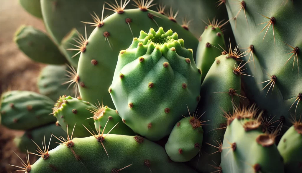 DALL·E 2024 08 23 13.14.24 A realistic image showing green prickly pear fruits (Tuna Verde, Opuntia streptacantha) on a nopal cactus. The tunas are light green, oval shaped, and