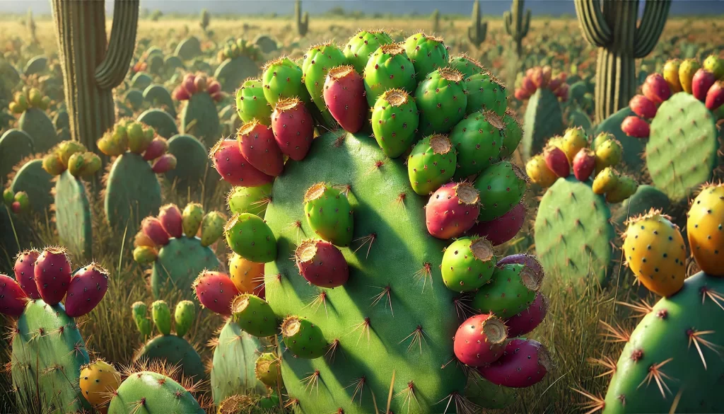 DALL·E 2024 08 23 13.17.35 A realistic image showing a nopal cactus in a field, covered with tunas (prickly pear fruits). The nopal pads are green and healthy, with tunas of var