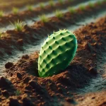 DALL·E 2024 08 23 13.18.44 A realistic image showing a single nopal pad (penca) placed on the ground, ready for planting and growth. The nopal pad is green, healthy, and lying f